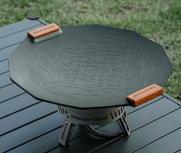 KZM OUTDOOR( カズミ アウトドア )イグニス デザイングリドル 40cm 12角形型 キャンプ フライパン 鍋 ハンドル キャリーバッグ 大皿 焼き物 炒め物 5T 耐食性 耐摩耗性 アルミ プレート 調理器具 アウトドア バーベキュー グリル KZM K23T3G03