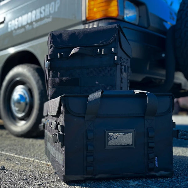 5050WORKSHOP ( フィフティフィフティワークショップ ) FOLDING BOXBAG 30L / 60L | 収納ケース | 積み重ね | 折りたたみ | ブラック | シンプル | アウトドア | レジャー | キャンプ | 整理 | 小物整理 | 車内 | 便利 | 防水 | 仕切り | 幅調整