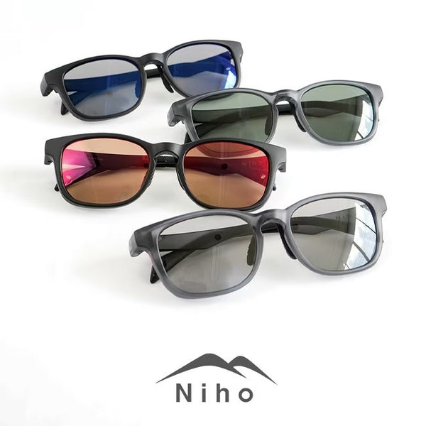 Niho ( ニホ ) [ NH-101 ]【 専用ポーチ ・ フード付き 】 偏光レンズ サングラス | ウエリントン型 | シャープ | 薄型 | クリア | 軽量 | 軽い | アウトドア | キャンプ | レジャー | ランニング | 運転 | ズレにくい | にほ