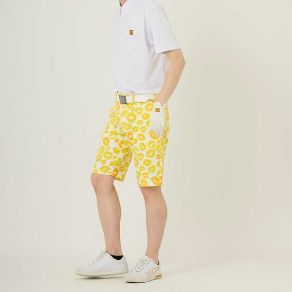 【 SALE 】 LOUDMOUTH ( ラウドマウス ) メンズ ショートパンツ | ツイル素材 | キッス柄 | イエロー | 吸汗速乾 | UV | 接触冷感 | ハーフパンツ | ゴルフ | ウェア | 半ズボン | アウトドア | レジャー | 動きやすい | 763305 | らうどまうす