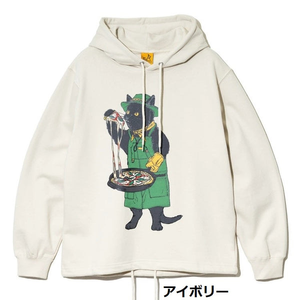 go slow caravan ( ゴースローキャラバン ) 空紡糸裏毛 スキレットピザ猫 ヘムスピンドルフーディー  | MENS | WOMENS | メンズ | レディース | トップス | 長袖 | 秋 | 冬 | 裏毛 | プリント | 352607 | カジュアル