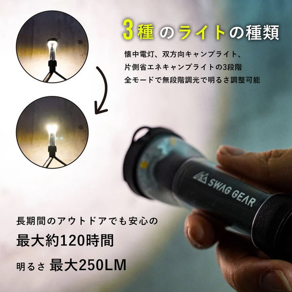 SWAG GEAR ( スワッグギア ) SWAG GEAR LED FLASH LIGHT | ライト | ランタン | 小型ライト | アウトドア | 防災 | キャンプ | 250ルーメン | 明るい | 充電式 | 懐中電灯 | マグネット | 吊り下げ | 手のひらサイズ | 防災グッズ | すわっぐぎあ | A-417