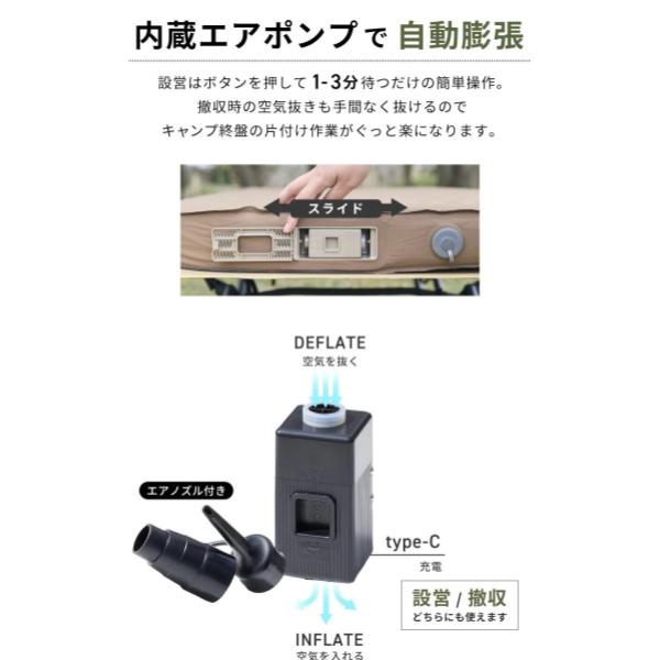 WAQ ( ワック ) Relaxing CampMat PLUS | 電動ポンプ付き | 10cm | キャンプマット | シングル | ダブル | アウトドア | キャンプ | 寝具 | コンパクト | 快適 | ワイド