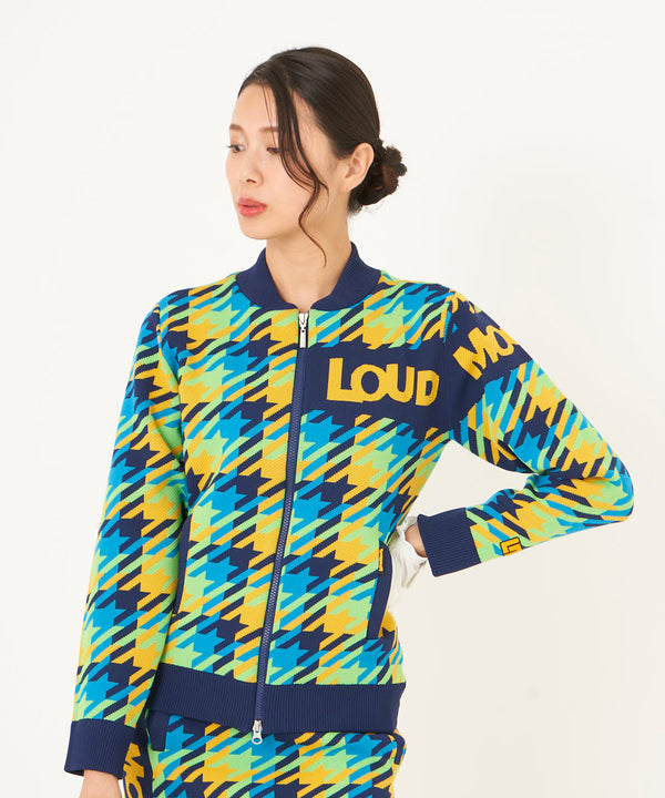 LOUDMOUTH（ラウドマウス）レディス　裏蓄熱軽量ニットジャケット千鳥柄 ターコイズ（772752-966）
