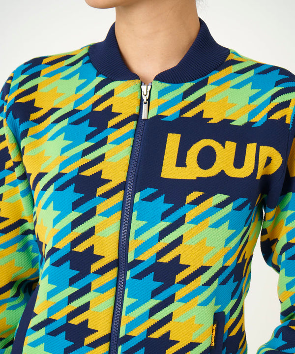 LOUDMOUTH（ラウドマウス）レディス　裏蓄熱軽量ニットジャケット千鳥柄 ターコイズ（772752-966）
